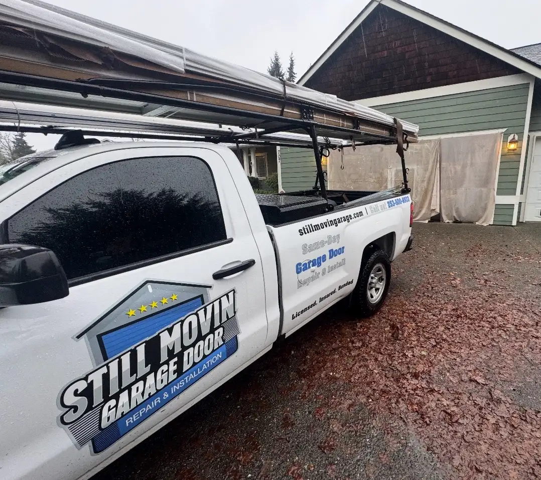 Still Movin Garage Door service truck, parked and equipped for a garage door call-out